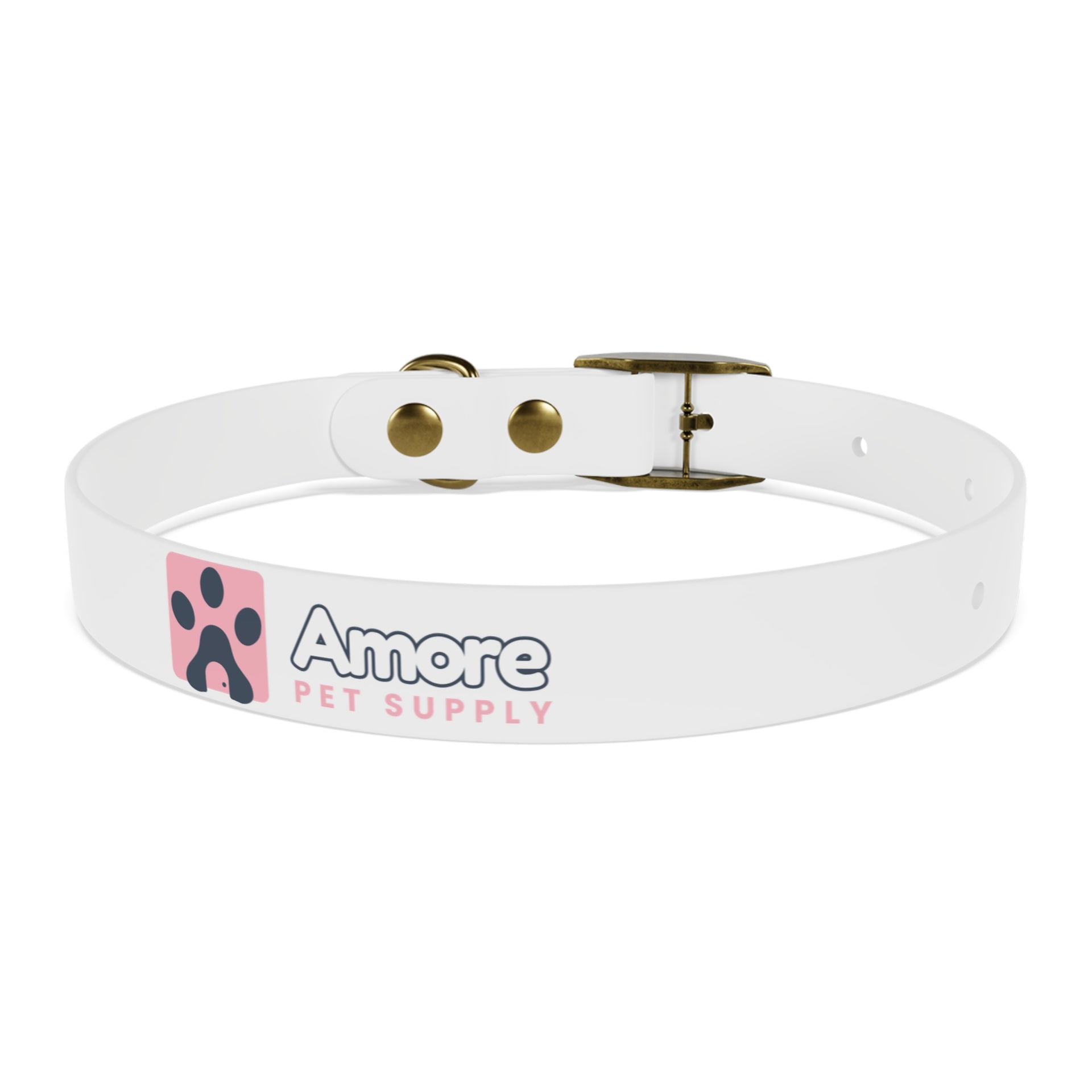 Personalized White Dog Collar — 'Amore Pet Supply' Logo Adjustable Waterproof Collar