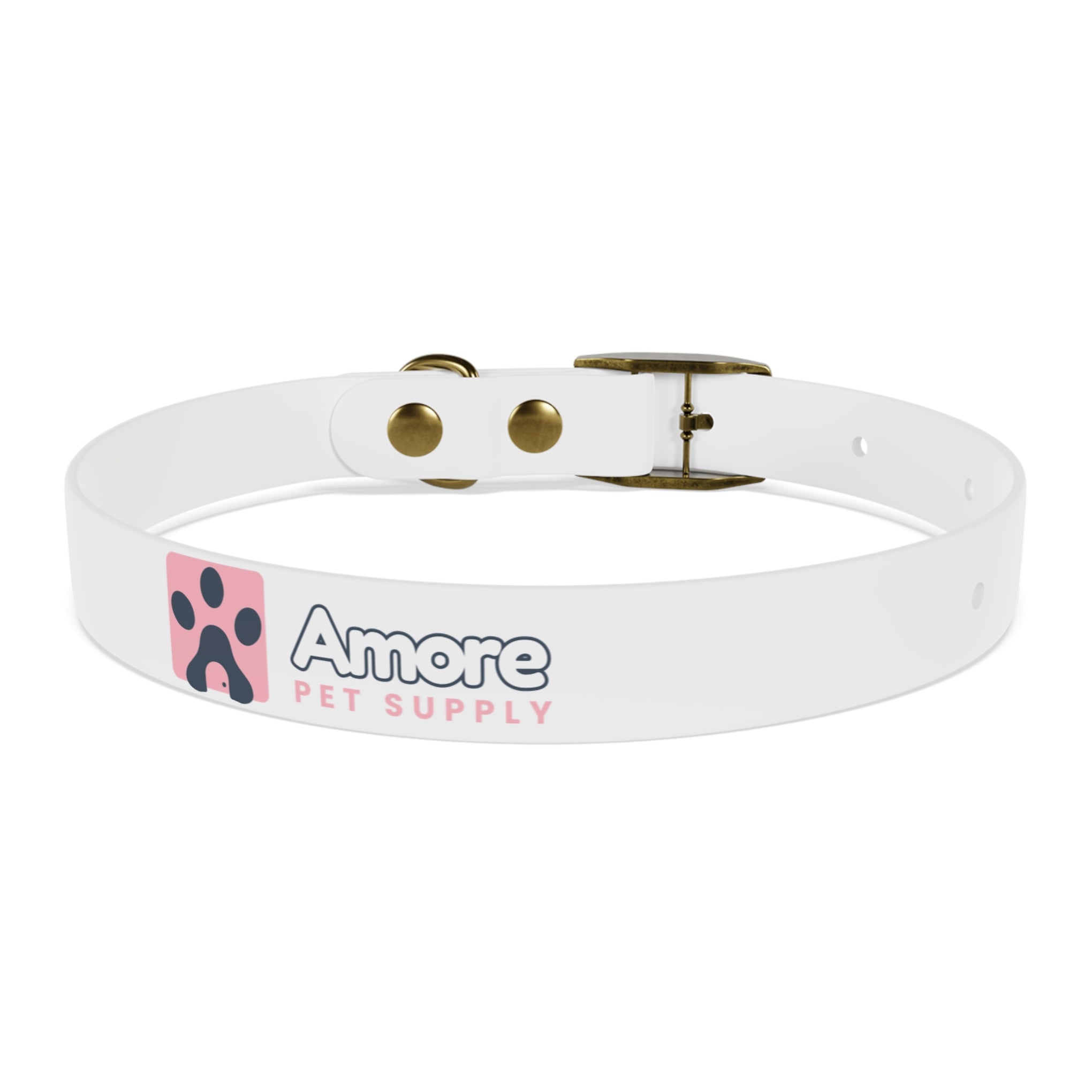 Personalized White Dog Collar — 'Amore Pet Supply' Logo Adjustable Waterproof Collar