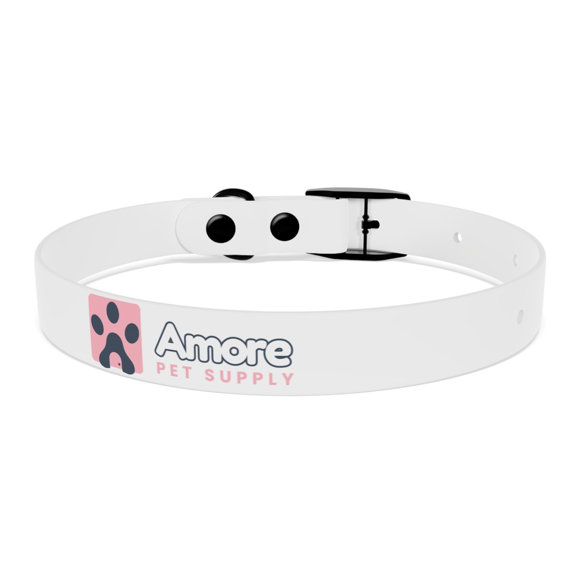 Personalized White Dog Collar — 'Amore Pet Supply' Logo Adjustable Waterproof Collar