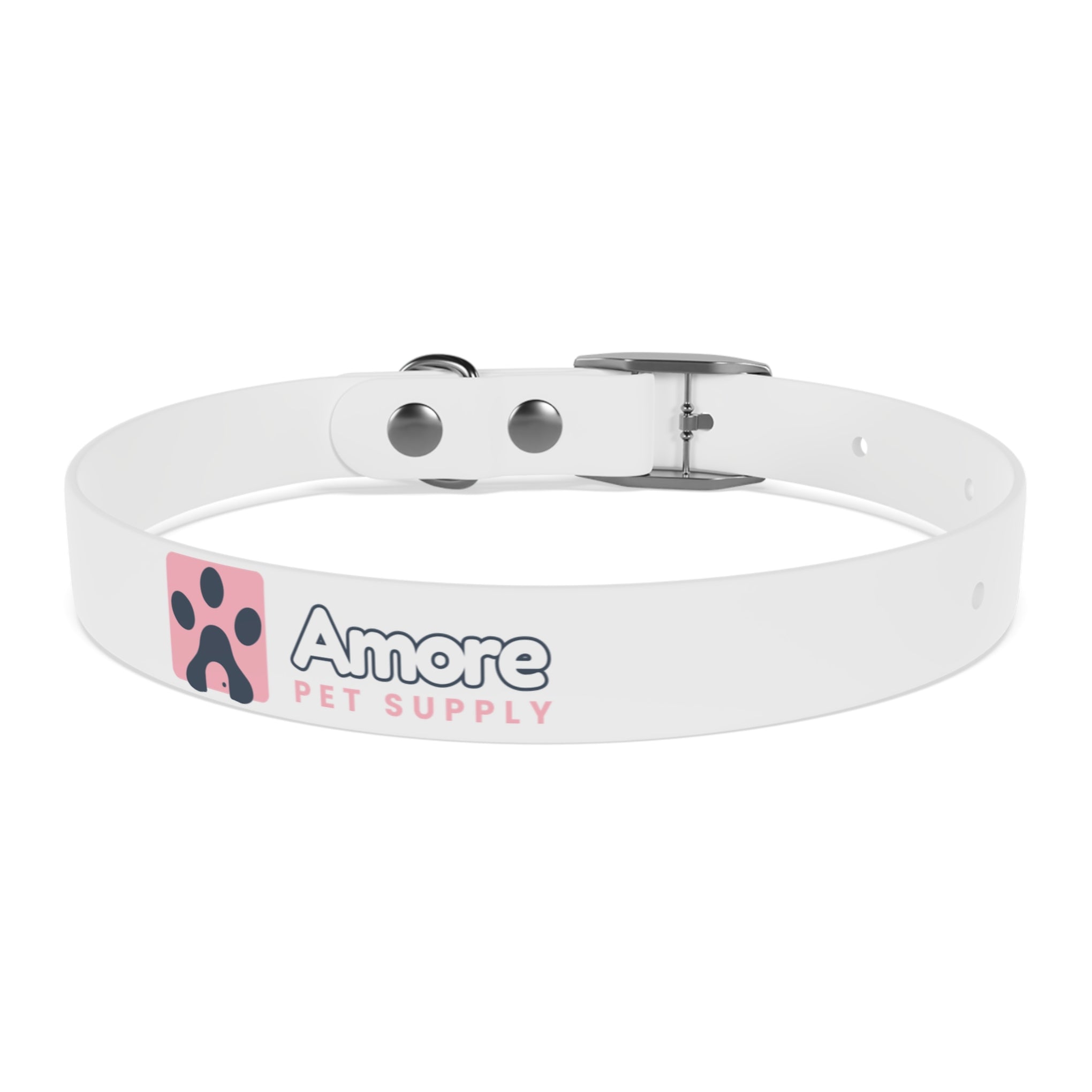 Personalized White Dog Collar — 'Amore Pet Supply' Logo Adjustable Waterproof Collar