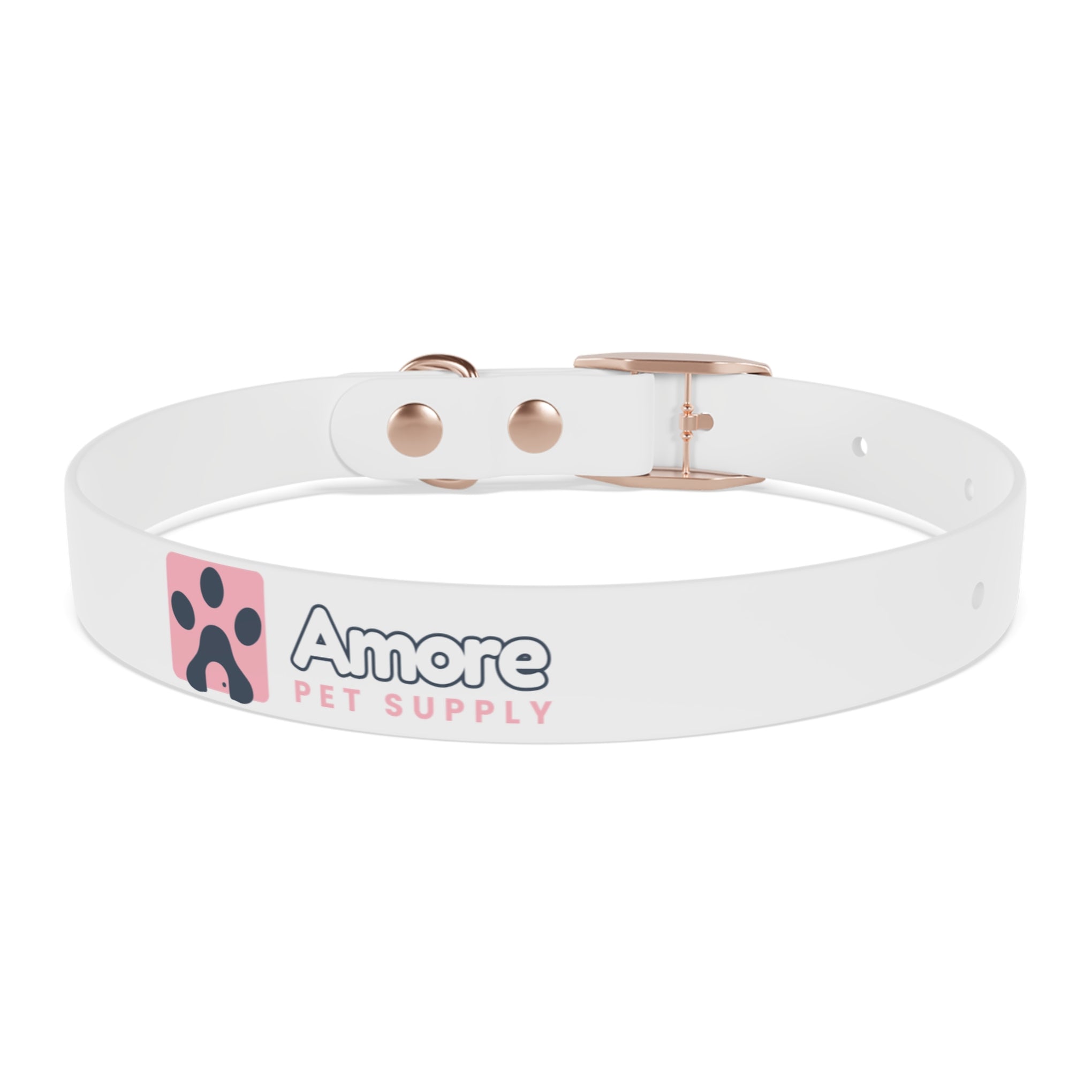 Personalized White Dog Collar — 'Amore Pet Supply' Logo Adjustable Waterproof Collar