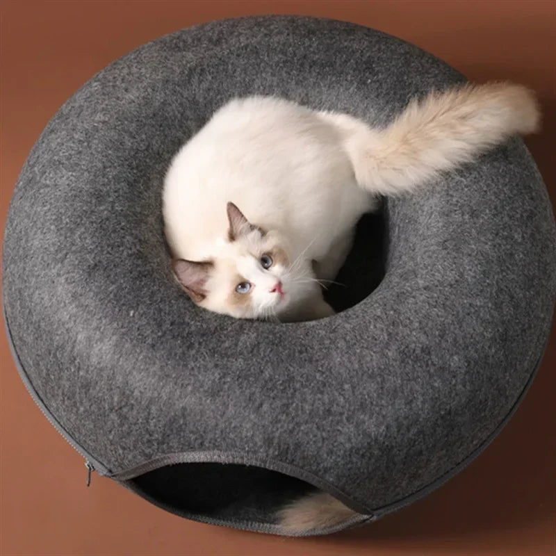 2-in-1 Felt Donut Cat Bed & Tunnel — Foldable Felt Nest with Breather Hole — M 50x50x20 cm (19.7x19.7x7.9 in) / L 60x60x28 cm (23.6x23.6x11.0 in)