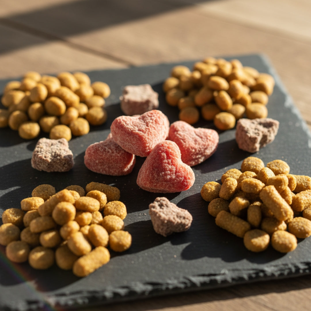 Assorted dog food including dry kibble and frozen treats on a dark surface.