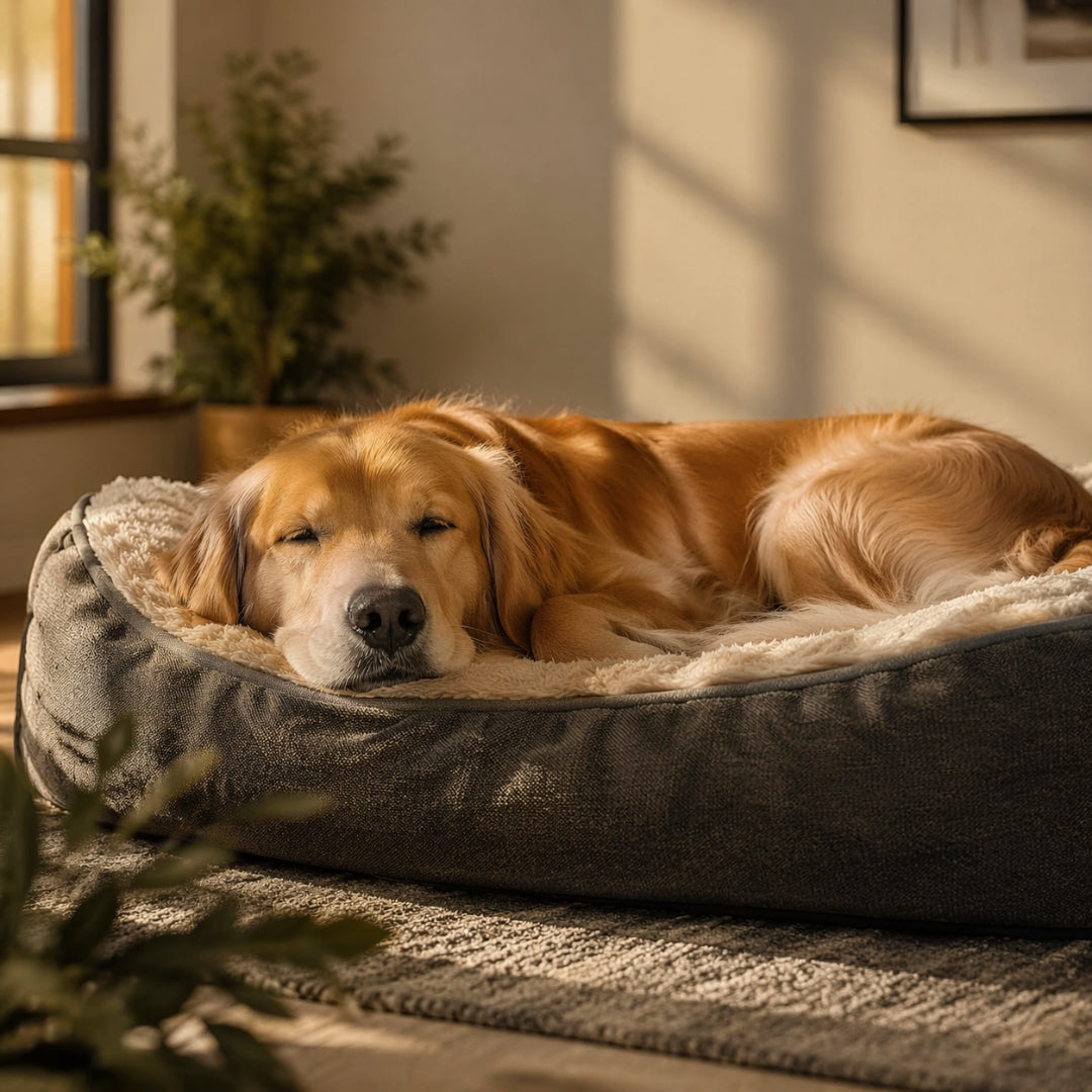 Dog lying on a fluffy pet bed in a cozy room with sunlight filtering through a window.