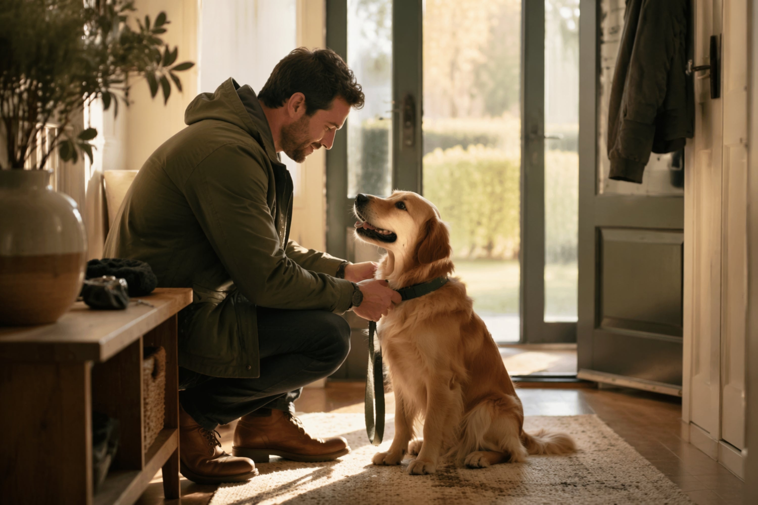 Man kneeling down to pet a dog inside a home