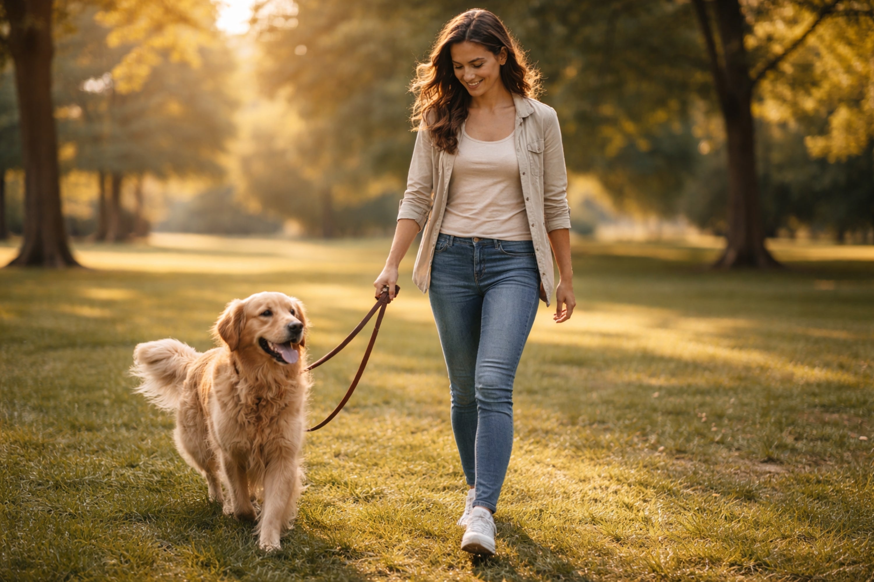 Woman walking a dog in a park with trees and sunlight